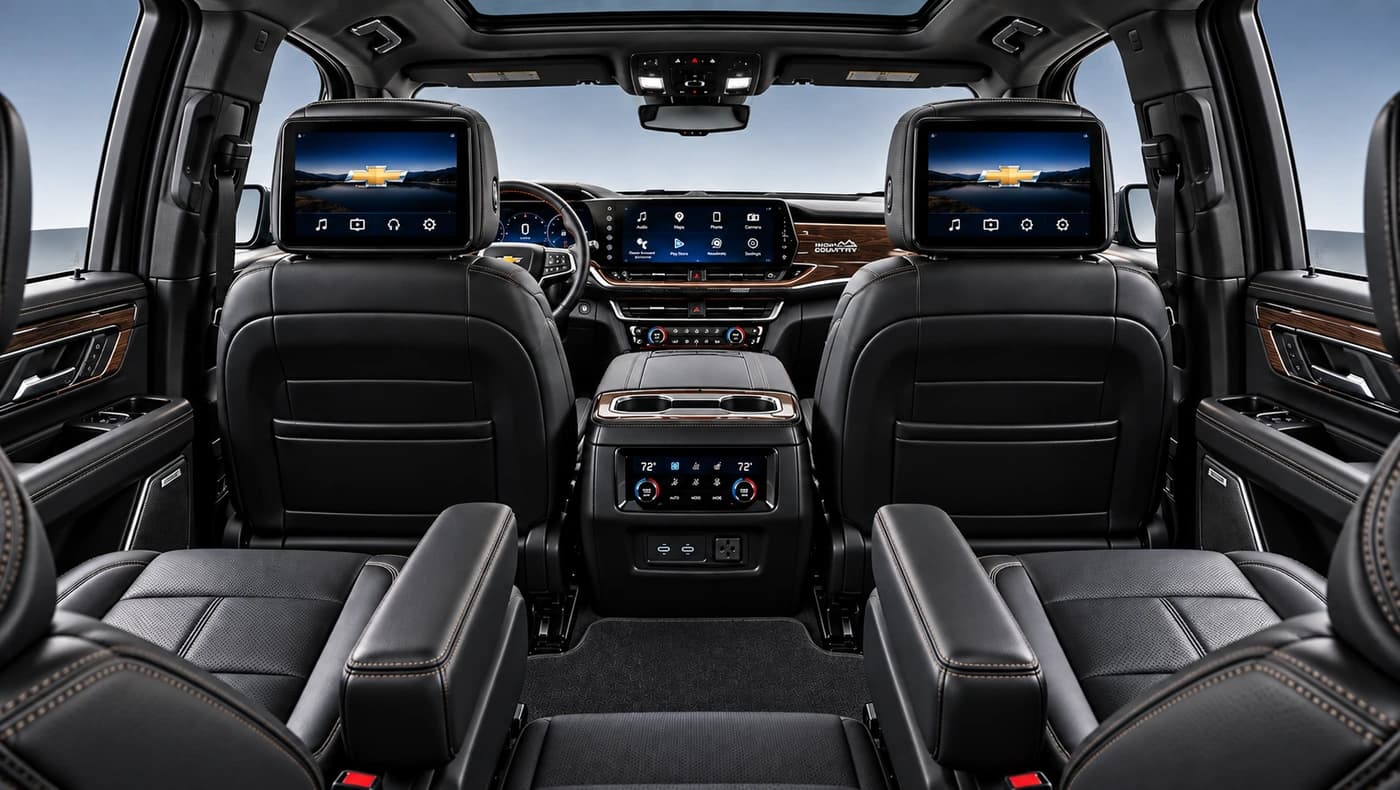 From behind, the Chevy Suburban interior features black leather seats, dual screens, a center console and wood trim.