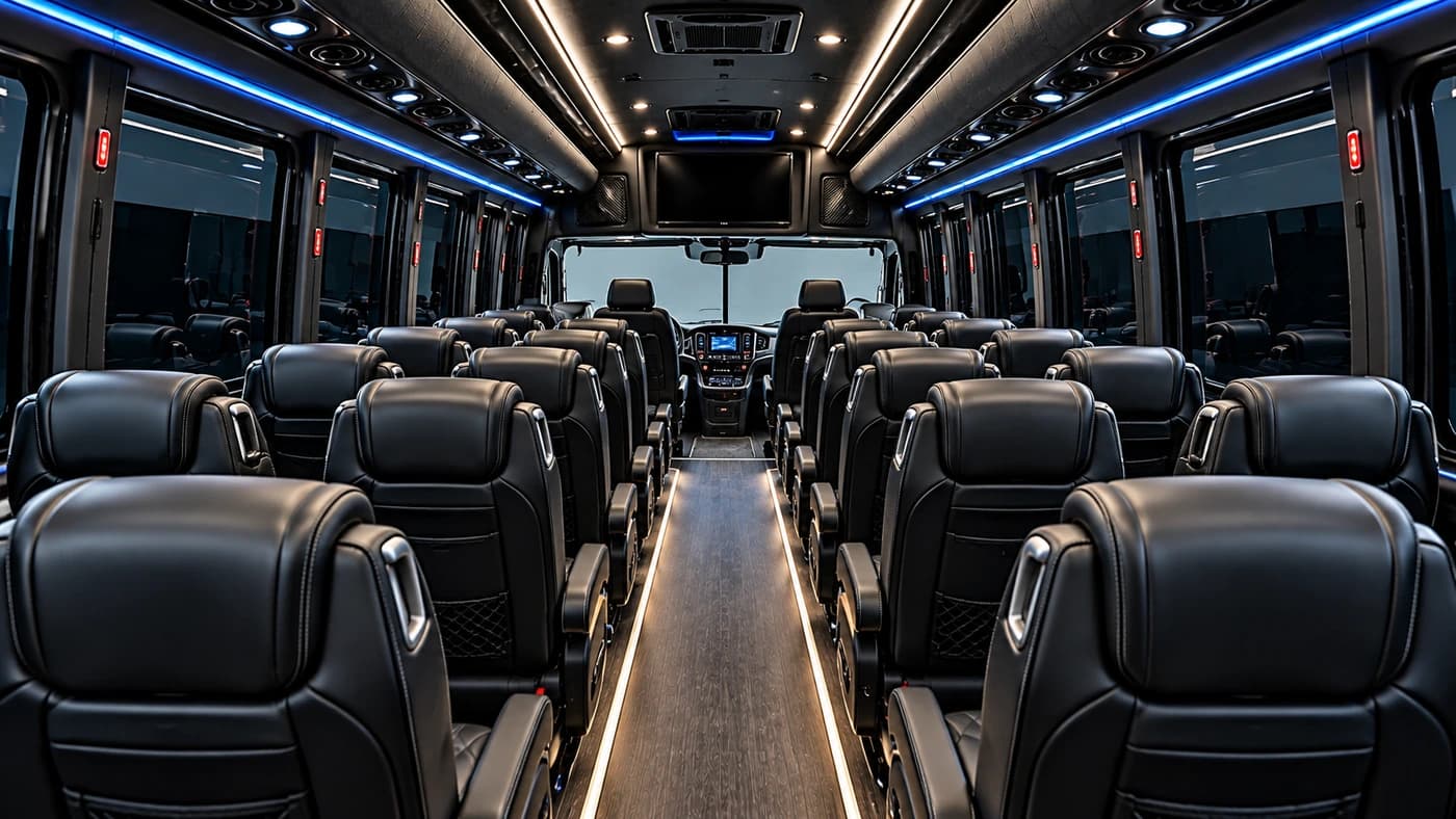 The Mini Coach interior shows black leather seating, blue LED lighting, a wood floor aisle, and front dashboard screens.