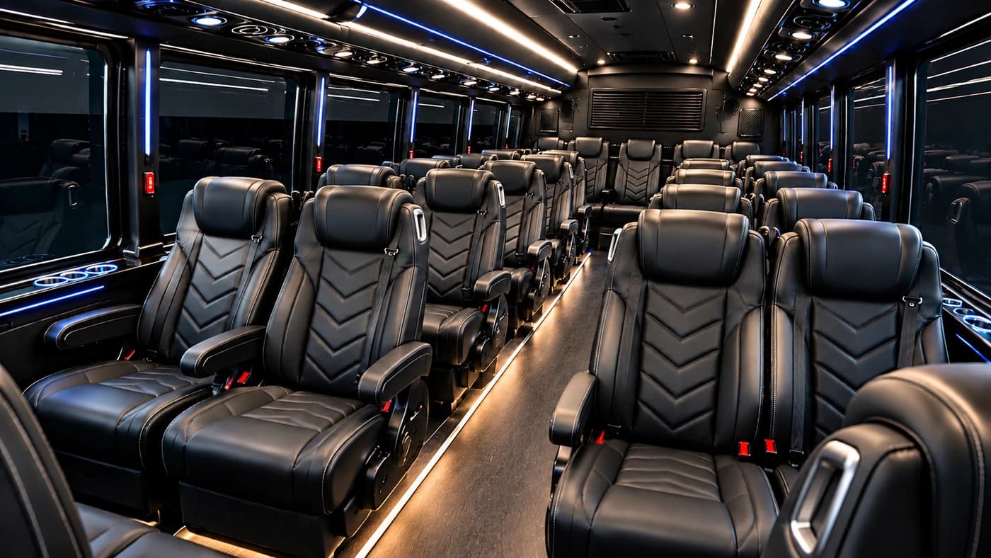 The Mini Coach interior shows rows of black leather seats, blue window lighting, and a central aisle.