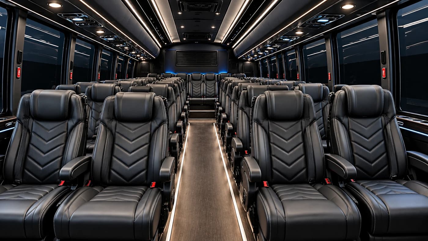 The Mini Coach interior features black leather chevron seats, a central aisle, and LED ceiling lighting from the rear.