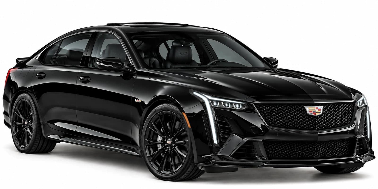 Black Cadillac CT5 sedan photographed from a front three-quarter angle showing tinted windows and chrome details.