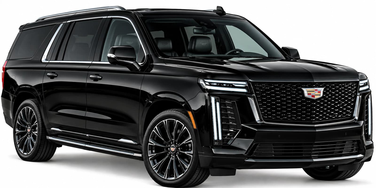 A black Cadillac Escalade SUV is photographed from a front three-quarter angle with chrome grilles and LED headlights.