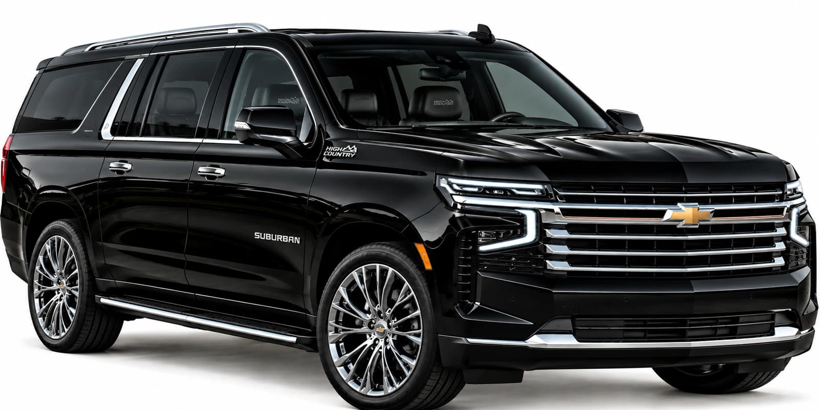 A black Chevrolet Suburban SUV shown from a front three-quarter angle with chrome grille, LED headlights, and alloy wheels.
