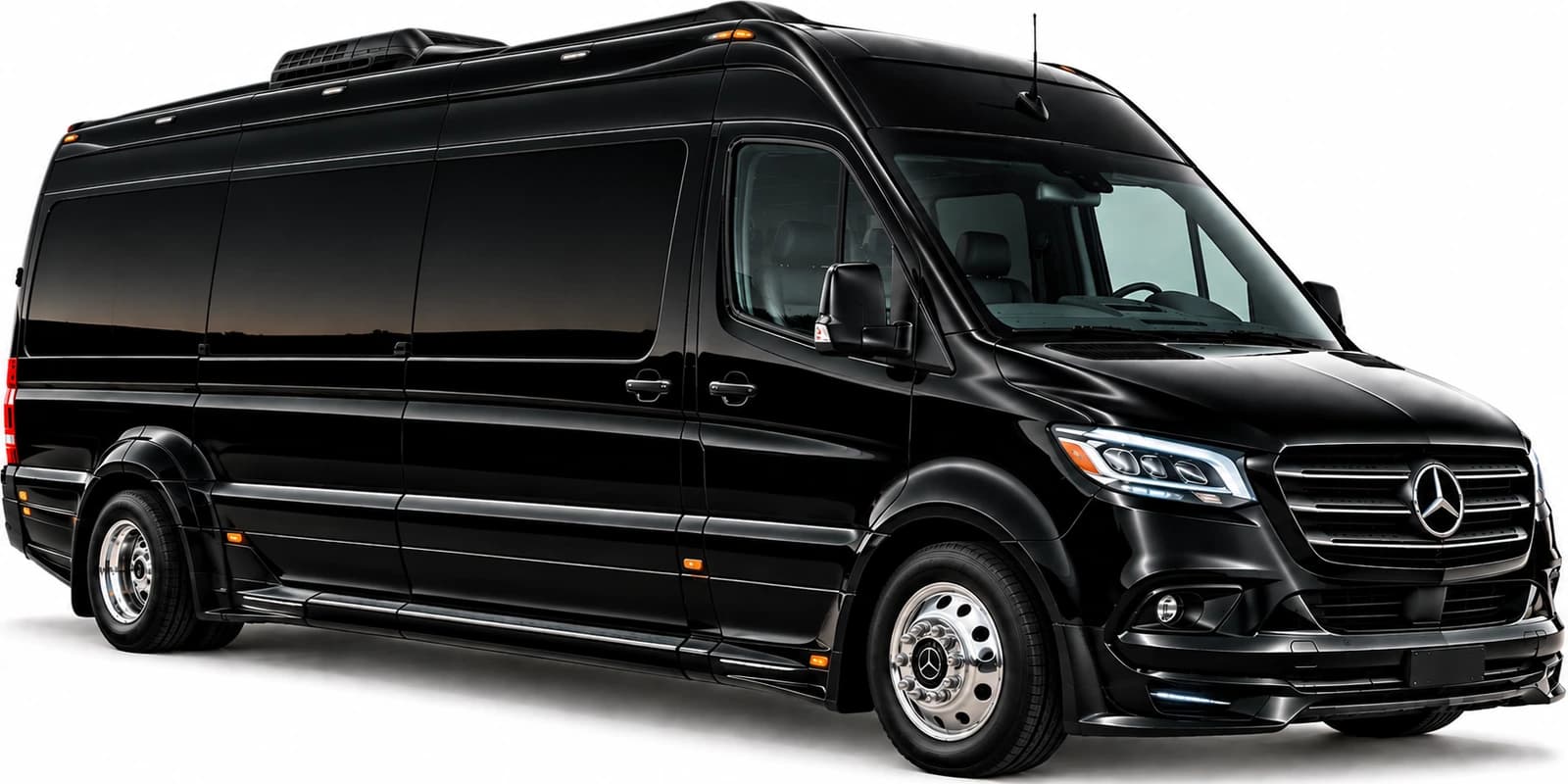 A black Mercedes-Benz Sprinter van is shown from a front-left angle with tinted windows and chrome wheels.